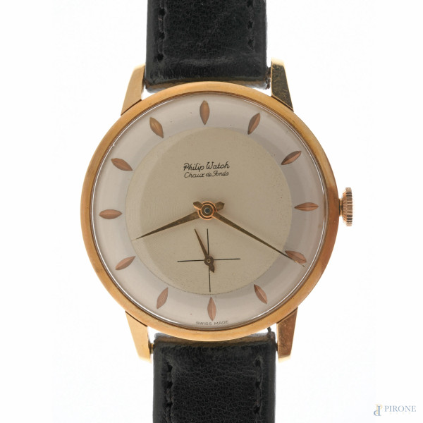 Philip Watch Chaux de Fonds, in oro 750 con cinturino in pelle nera, misura cassa cm 3,5, lunghez...
