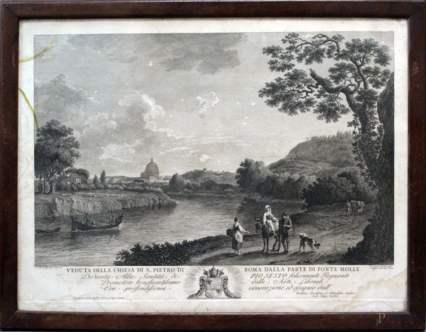 Ponte Mollo, antica acquaforte 53x34 cm, entro cornice firmato Hachert Volpato 1776