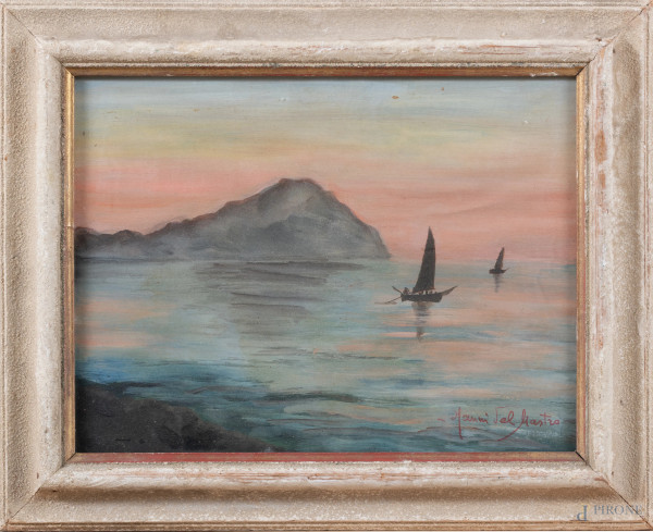 Barche al tramonto, XX secolo, olio su carta, cm 24,5x32, firmato in basso a destra, entro cornice, (segni di usura, difetti, ondulazioni della carta)
