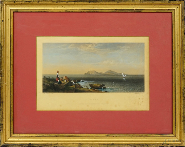 Capri, incisione a colori da G.E. Hering (1805-1879), XIX secolo, cm 20x31, entro cornice, (difetti)