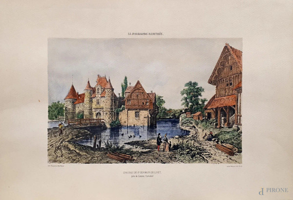 F&#233;lix Benoist - Chateau de St. Germain De Livet, litografia finemente acquarellata a mano, cm 34x49