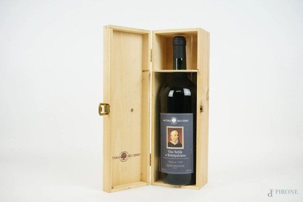 Fattoria del Cerro, bottiglia di vino nobile di Montepulciano DOCG da 1500 ml, riserva 1990, entro cassa in legno.