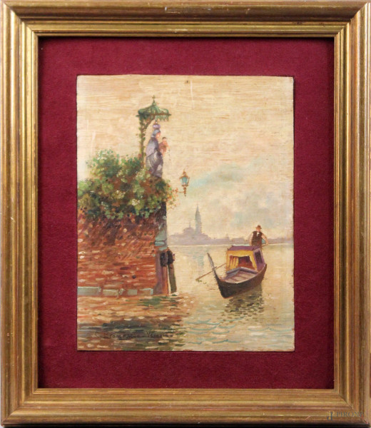 Laguna Veneta con gondola, olio su tavola, cm. 22,5x17,5, firmato, entro cornice.