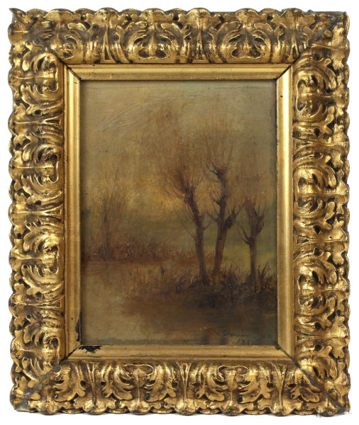 Paesaggio con alberi, olio su cartone, cm 23x16, firmato e datato, entro cornice