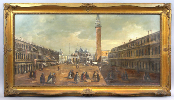 F. Guarana - Veduta di Piazza San Marco, olio su tela, cm 60X120, entro cornice