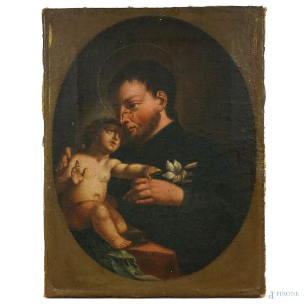 Scuola italiana del XVIII secolo, San Luigi Gonzaga col Bambino, olio su tela, cm 32,2x24,5, (difetti).