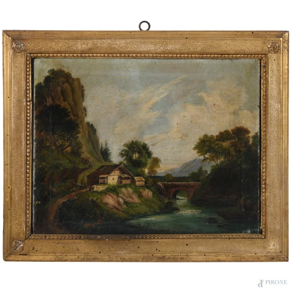 Paesaggio con ponte, XIX-XX secolo, olio su tela, cm 30x38, entro cornice, (piccole cadute e sollevamenti di colore, segni di battitura del telaio)