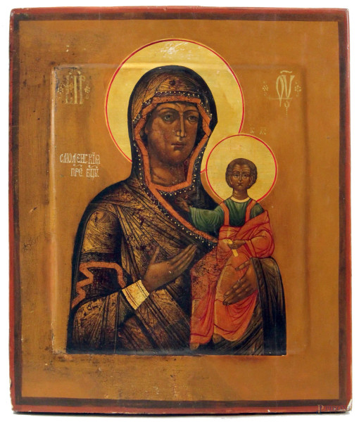 Madonna con bambino, icona a tempera su tavola cm 31,5x26,5, Russia XIX sec.