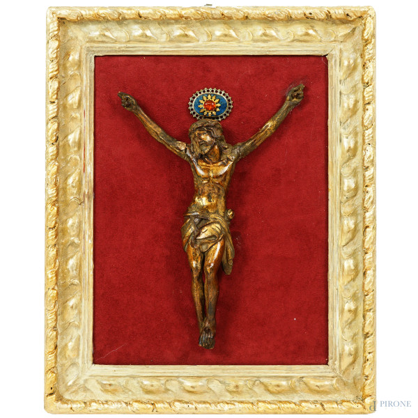 Cristo, XX secolo, legno dorato e pietre varie, entro cornice, cm 26x18,5, (difetti)