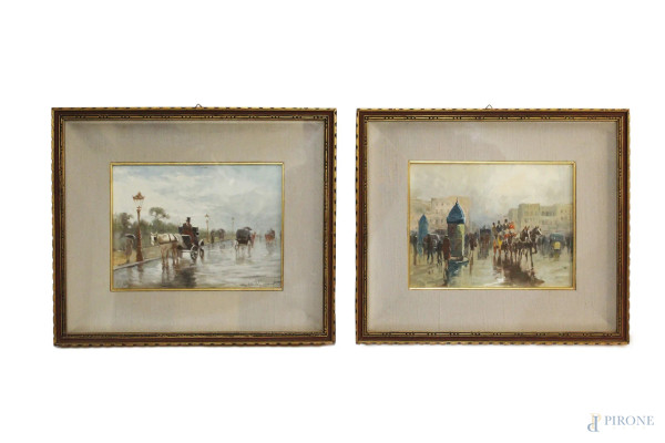 Michele De Simone, coppia di scorci di viale con carrozze, dipinti ad olio su cartone, cm 16 x 21, entro cornice.