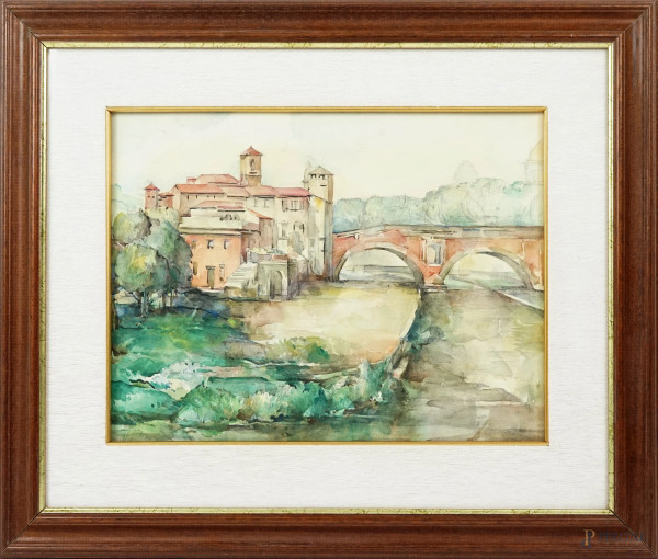 Isola Tiberina, acquarello su carta, cm 28x36, XX secolo, entro cornice