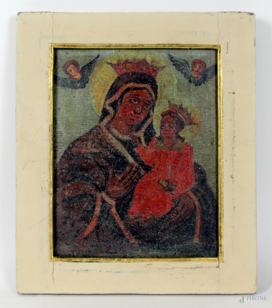 Madonna con bambino, olio su tavola, cm. 22x19.