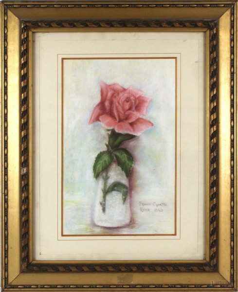 Vaso con rosa, pastello su carta, cm 41x26,5, firmato, entro cornice