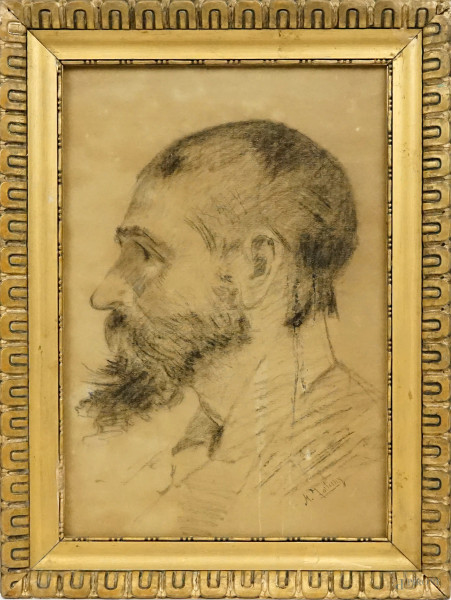 Profilo d'uomo, carboncino su carta, cm 35x24, firmato, entro cornice.