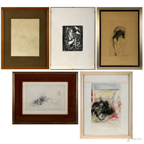 Lotto di quattro stampe e un disegno, XX secolo, misura massima cm 74x58 compreso passepartout, (difetti)