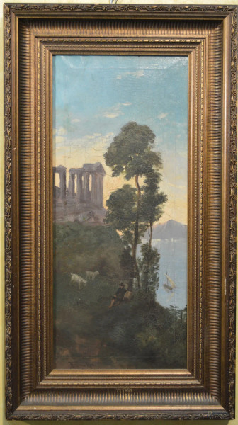 Scorcio di costa con figure ed armenti su sfondo tempio, olio su tela 26x63 cm, entro cornice.
