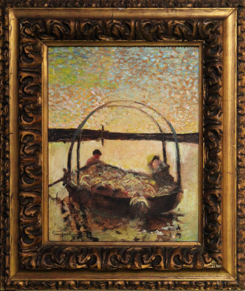 Scena con barca e figure, bozzetto ad olio su tavola, cm 27x22, entro cornice recante firma.