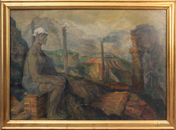 Manlio D'Ercoli - Paesaggio urbano con figura, olio su tavola, cm 50x70, entro cornice.