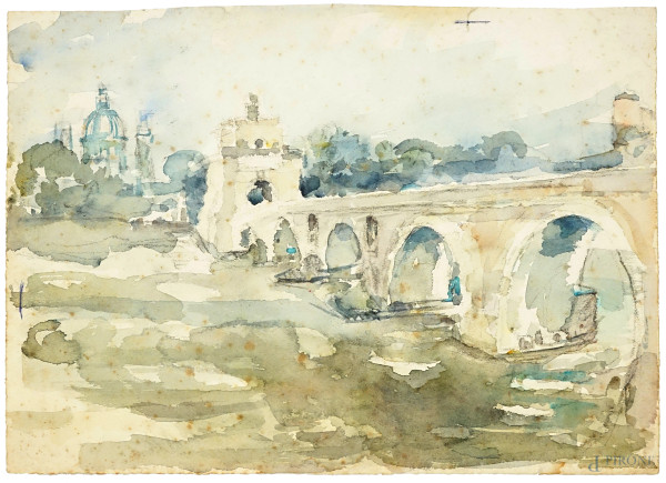 Giulio Brunacci - Ponte Milvio, acquarello su carta, cm 30,5x42, (difetti e macchie)