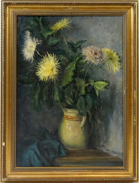 Vaso con fiori, olio su masonite, cm 71x50,5, firmato, entro cornice