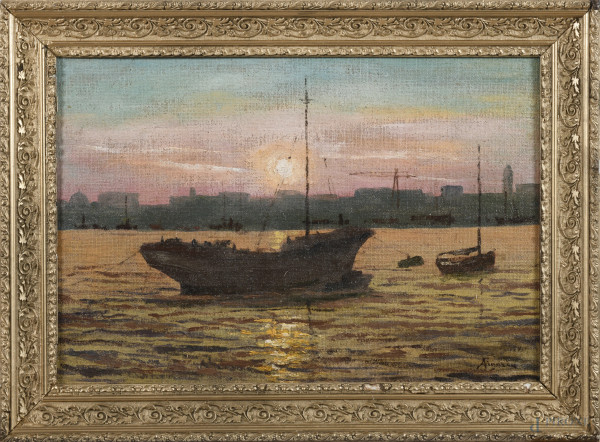 Marina al tramonto, XX secolo, olio su tela applicata su compensato, cm 40x60, firmato in basso a destra, entro cornice, (segni di usura, abrasioni, supporto lievemente imbarcato)
