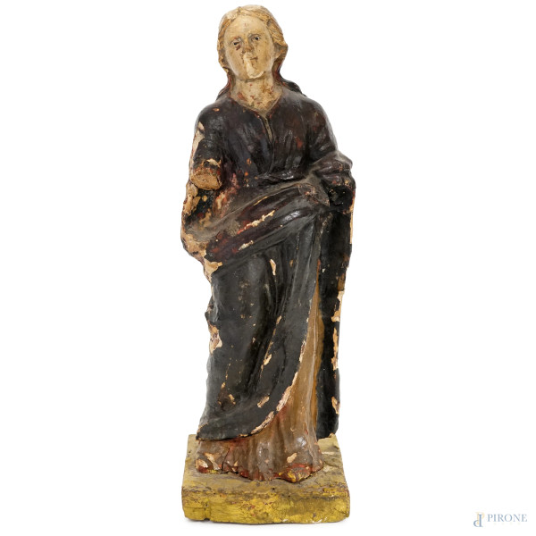 Scultura in legno policromo con occhi in vetro raffigurante una santa, XVIII-XIX secolo, altezza cm 38 (difetti e mancanze)