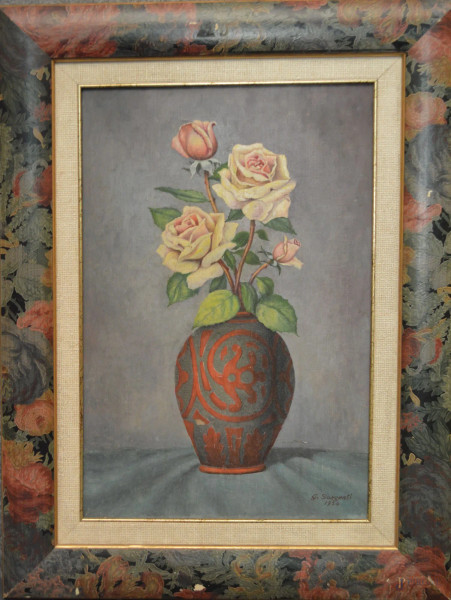 Natura morta con vaso di rose, olio su tavola 28x43cm, entro cornice, firmata e datata G. Sargenti 1943