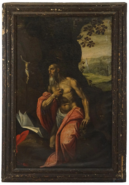 Pittore del XVII secolo, San Girolamo, olio su tela, cm 159x100, entro cornice, (difetti).