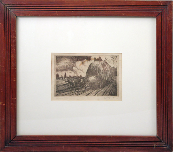 Giovanni Segantini - Carro con buoi e contadini, incisione, 19x13, entro cornice, datato Como 1885