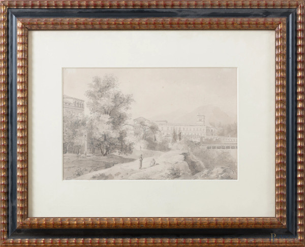 Paesaggio con scorcio di villa, XIX secolo, tecnica mista su carta, cm 31,5x41 compreso passepartout, entro cornice, (segni di usura, tracce di umidità, foxing, piccola lacerazione della carta)