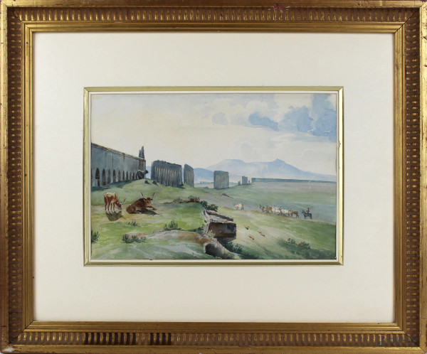 Scuola italiana del XIX-XX secolo, Veduta di campagna romana con l'Acquedotto Claudio, olio su tela, cm 22,5x33, entro cornice