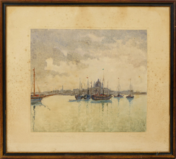 Felice  Vellan - Nel canale della Giudecca, monotipo a colori, cm 55x61, entro cornice (difetti e gore d'umido)