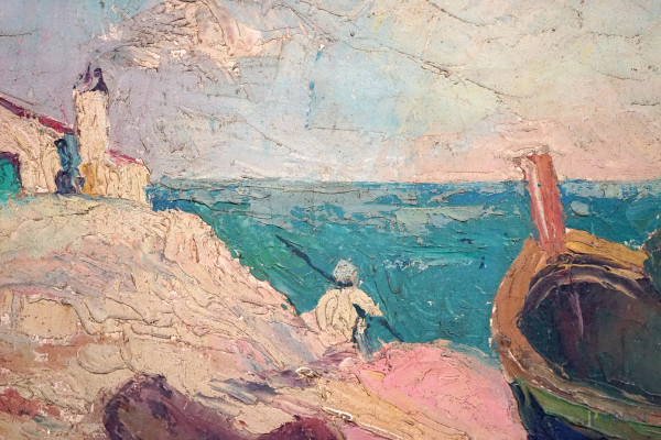 Pescatori, XX secolo, olio su tela, cm 50x70, firmato in basso a sinistra, entro cornice, (difett...