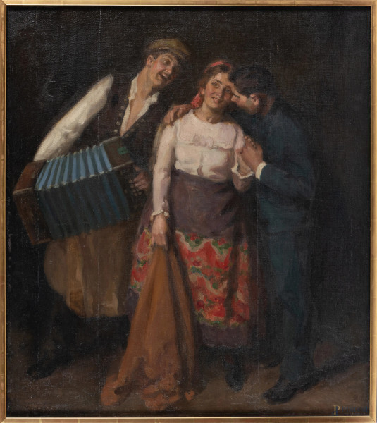 Vilmos Nagy (1884 – 1976), La serenata, olio su tela, cm 82x73, firmato in basso a sinistra, entro cornice
