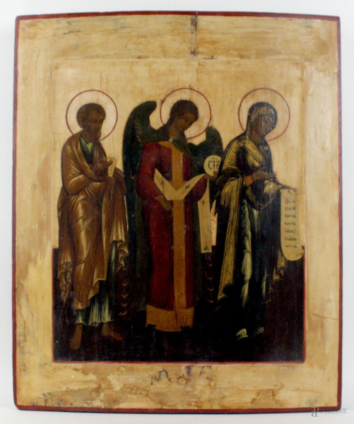 Icona russa del XIX secolo, raffigurante Madonna, l'Arcangelo Michele e San Pietro,  tempera su tavola, cm 53,5x43,5