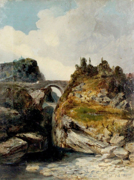 Maurizio Pellegrini - Paesaggio roccioso della Val Pellice, olio su tela, cm 47x35, firmato e datato in basso a destra "M.P. 89"; a tergo del telaio riferimenti al pittore e al soggetto