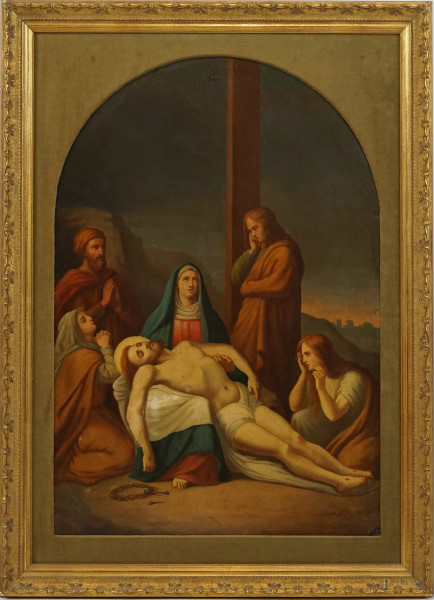 Compianto su Cristo morto, olio su rame, cm 74x50, XIX secolo, entro cornice