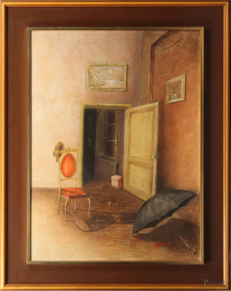 Interno di stanza, tecnica mista su cartone, 78x58 cm, firmato, entro cornice.