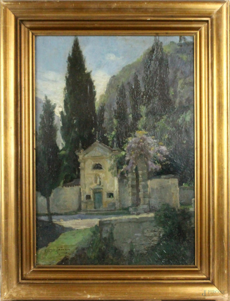 Paesaggio laziale con chiesa, olio su cartone, cm 34,5x50, firmato, entro cornice