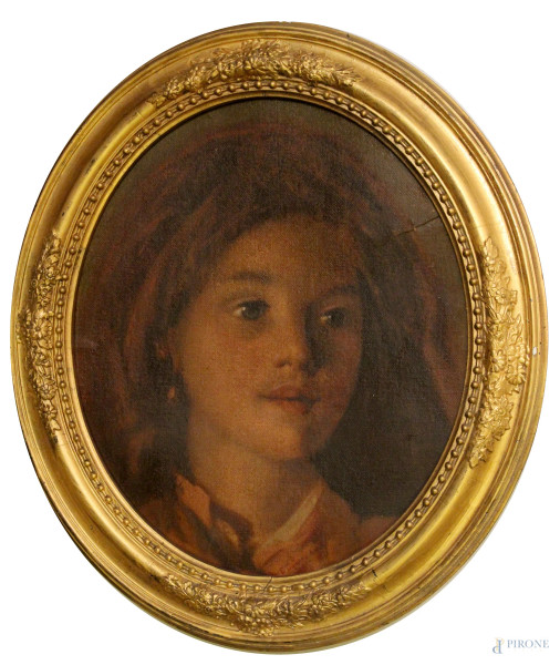 Ritratto di fanciulla, olio su tela riportato su cartone, cm 38x31, entro cornice firmato.