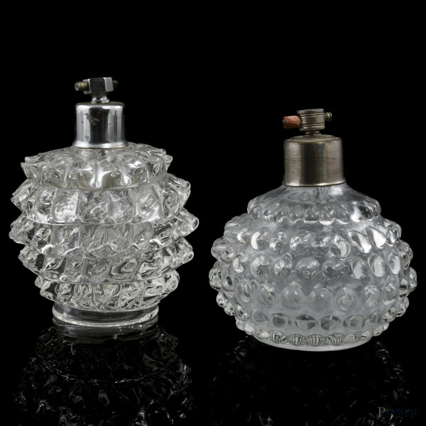 Coppia di portaprofumi in vetro stile Barovier, XX secolo, altezza massima cm 13, (segni di usura, graffi, sbeccature, difetti)