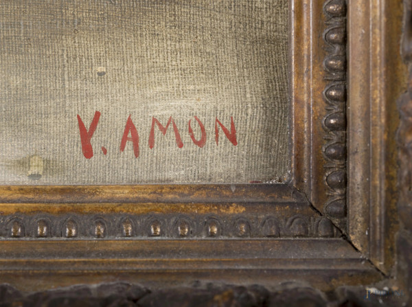 Paesaggio fluviale con mucche, XIX secolo, olio su tela, cm 70x55, firmato in basso a destra, ent...