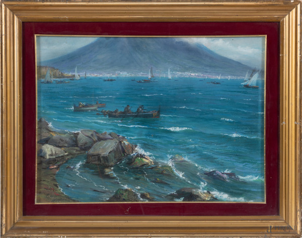 Marina, XX secolo, tecnica mista su cartone, cm 57,5x41,5, entro cornice