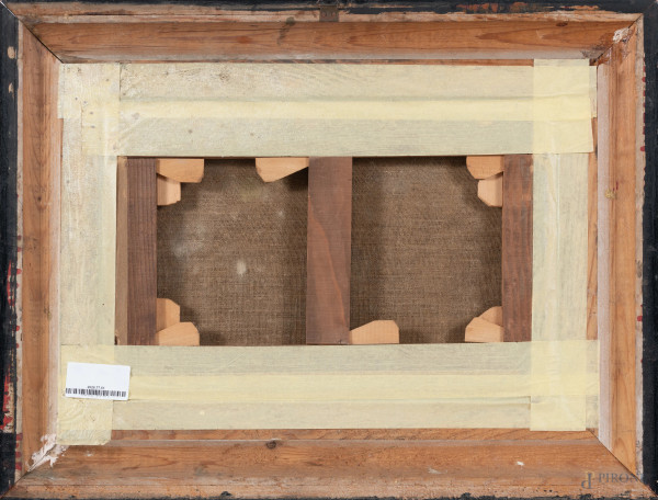 Paesaggio fluviale, XIX-XX secolo, olio su tela, cm 26x40, firmato in basso a destra, entro corni...