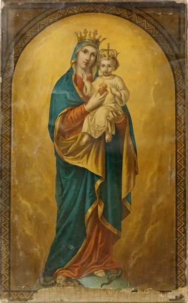 Nostra Signora del Sacro Cuore, stampa oleografica applicata su tela, cm 72,5x44,5, fine XIX secolo, (difetti).