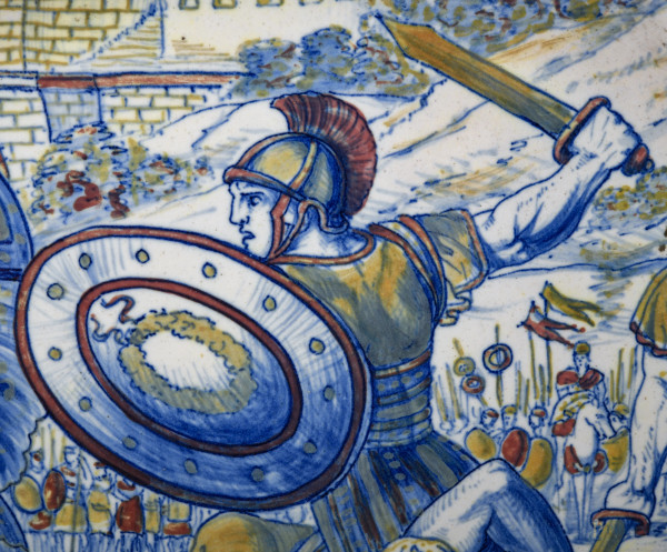 Coppia di piatti Gualdo Tadino Manifattura Santarelli in maiolica decorata in policromia con scen...