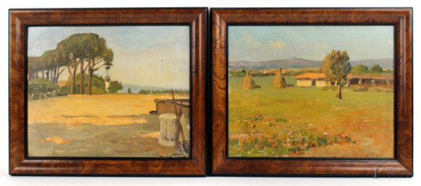 Coppia di paesaggi rurali, olio su cartone telato, cm. 24x30, firmati, anni &#39;30,  entro cornice