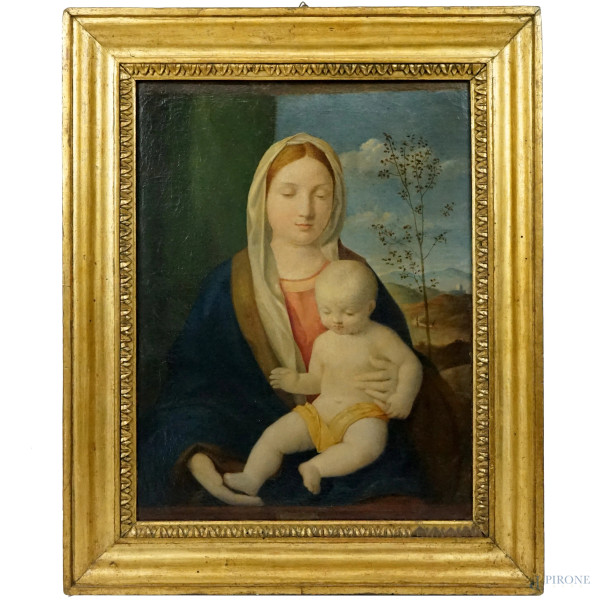 Giovanni Bellini (1430-1516) copia da, Madonna col Bambino, olio su tela, cm 48x37, entro cornice, (lievi difetti sulla tela).