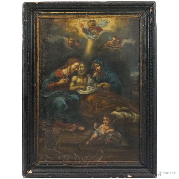 Pittore del XVII secolo, La morte di Giuseppe, olio su tela, cm 90,5x66,5, entro cornice, (difetti, cadute di colore, restauri)