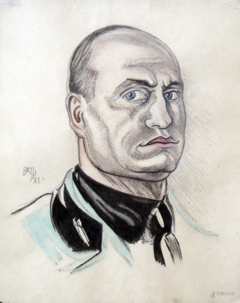 Mario Bazzi - Benito Mussolini,matita e acquerello su carta 49x39 cm,entro cornice.